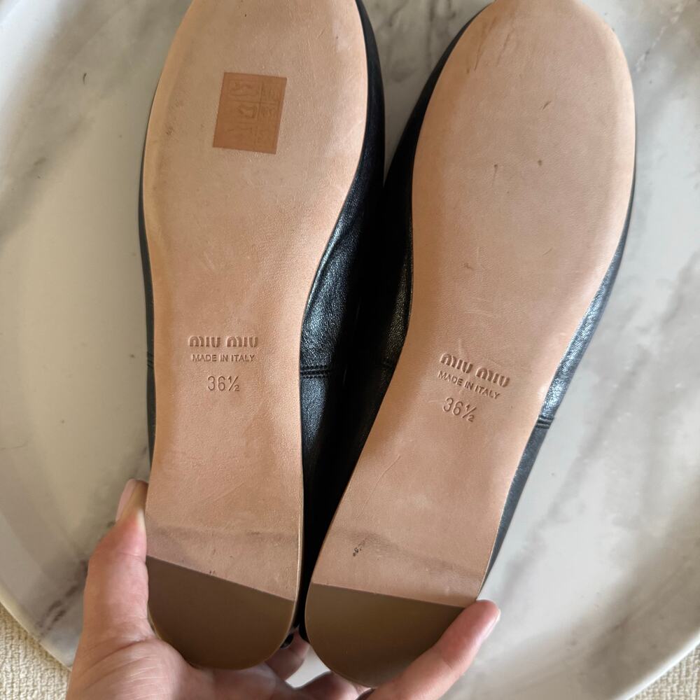 Miu Miu Logo Strap Black Leather Ballet Flats Shoes Black Size 36.5 - Picture 6 of 8